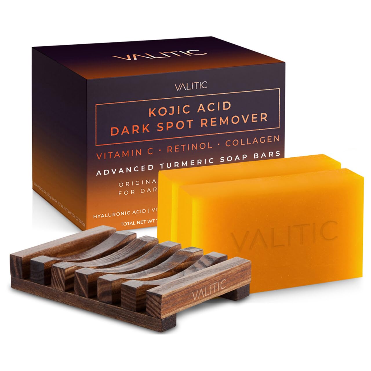 VALITIC Kojic Acid Dark Spot Remover Soap Bars with Vitamin C, Retinol, Collagen, Turmeric - Original Japanese Complex Infused with Hyaluronic Acid, Vitamin E, Shea Butter, Castile Olive Oil (2 Pack)