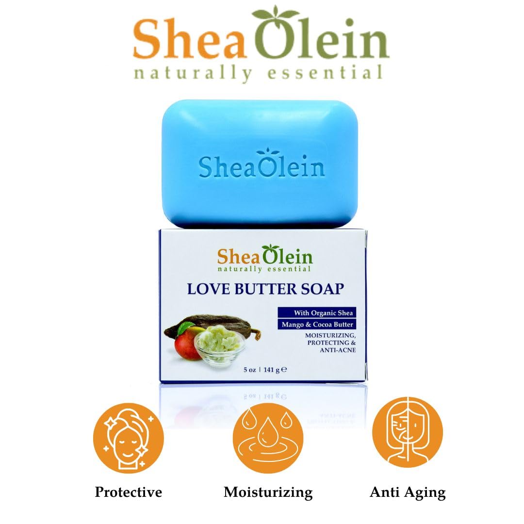 Shea Olein Organic 5 oz Love Butter Soap with Shea Butter, Mango Butter & Cocoa Butter | Natural Bar Soap with Restoring and Anti-Aging Properties