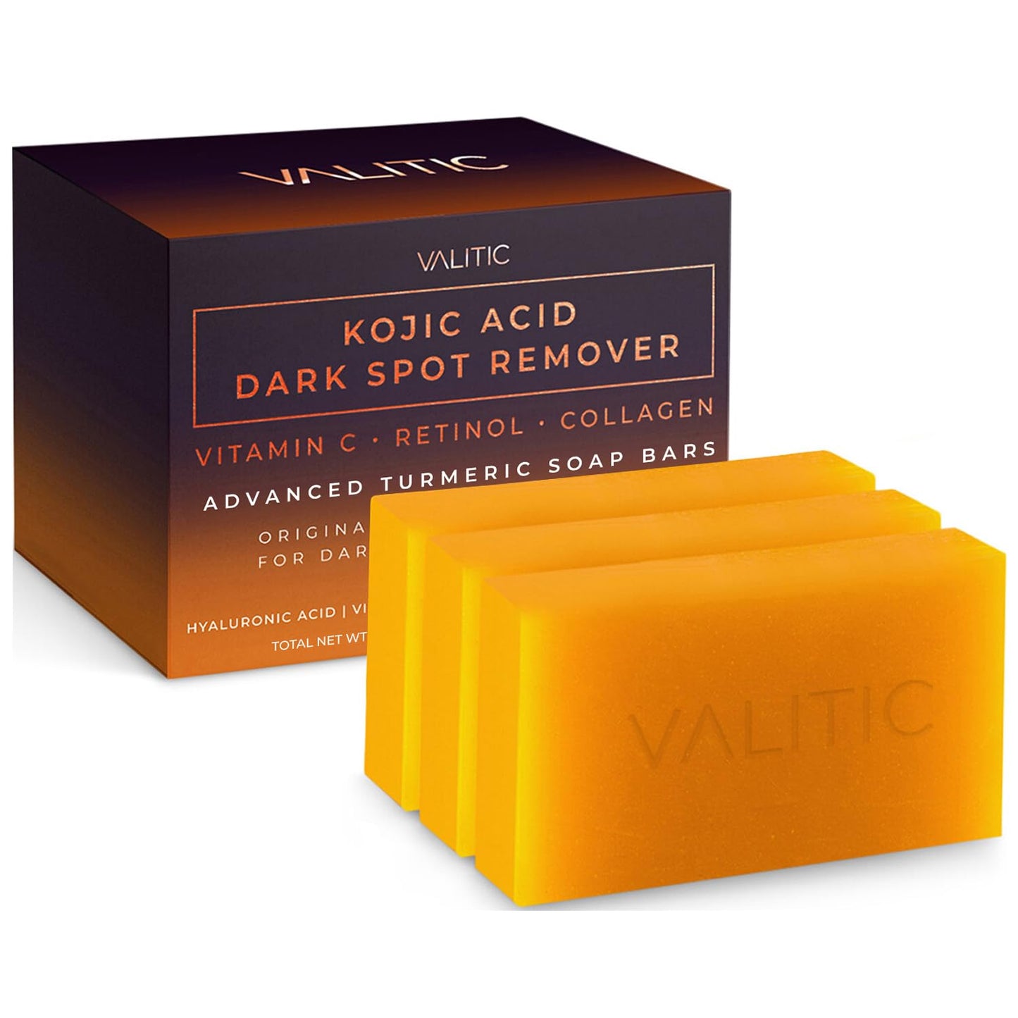 VALITIC Kojic Acid Dark Spot Remover Soap Bars with Vitamin C, Retinol, Collagen, Turmeric - Original Japanese Complex Infused with Hyaluronic Acid, Vitamin E, Shea Butter, Castile Olive Oil (2 Pack)