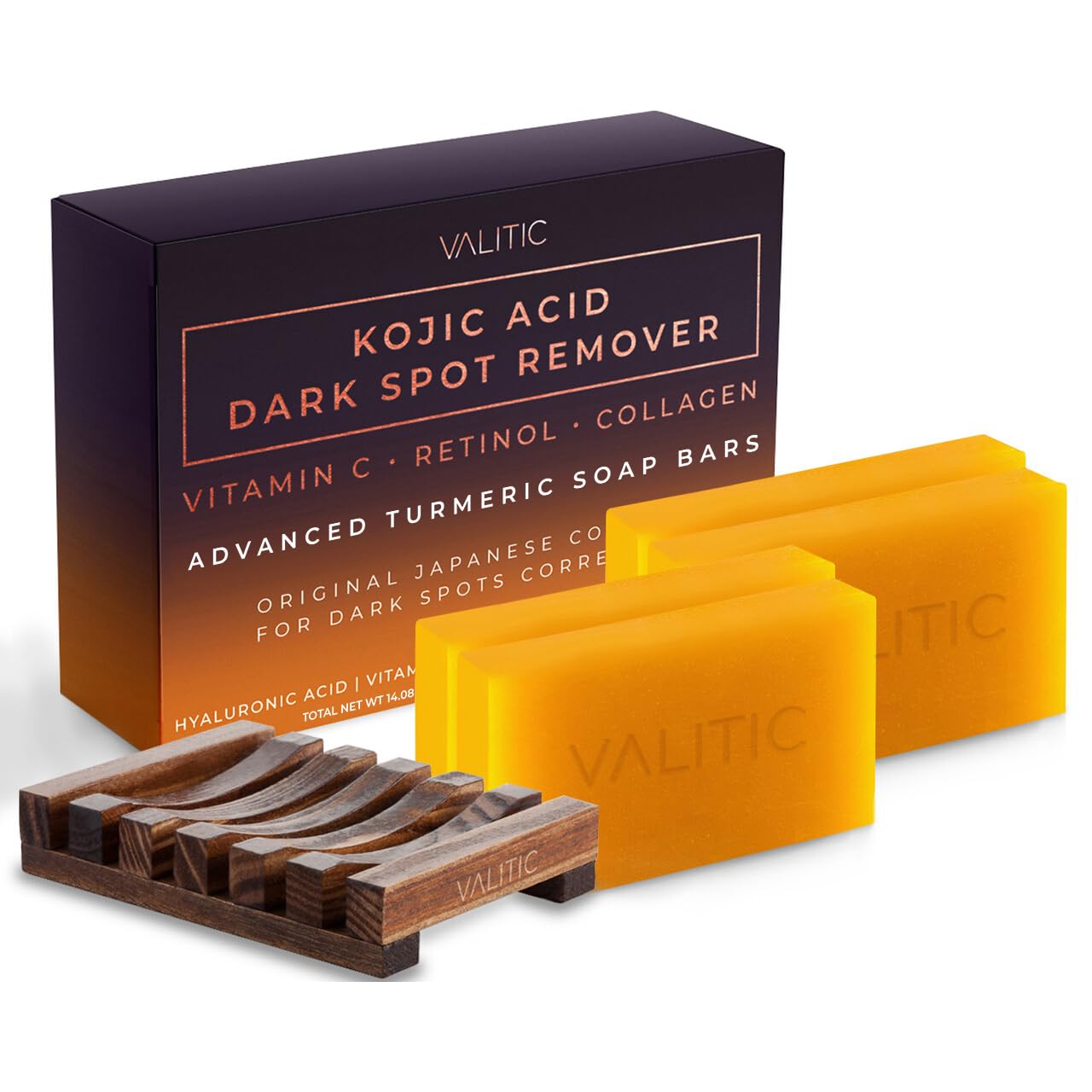 VALITIC Kojic Acid Dark Spot Remover Soap Bars with Vitamin C, Retinol, Collagen, Turmeric - Original Japanese Complex Infused with Hyaluronic Acid, Vitamin E, Shea Butter, Castile Olive Oil (2 Pack)