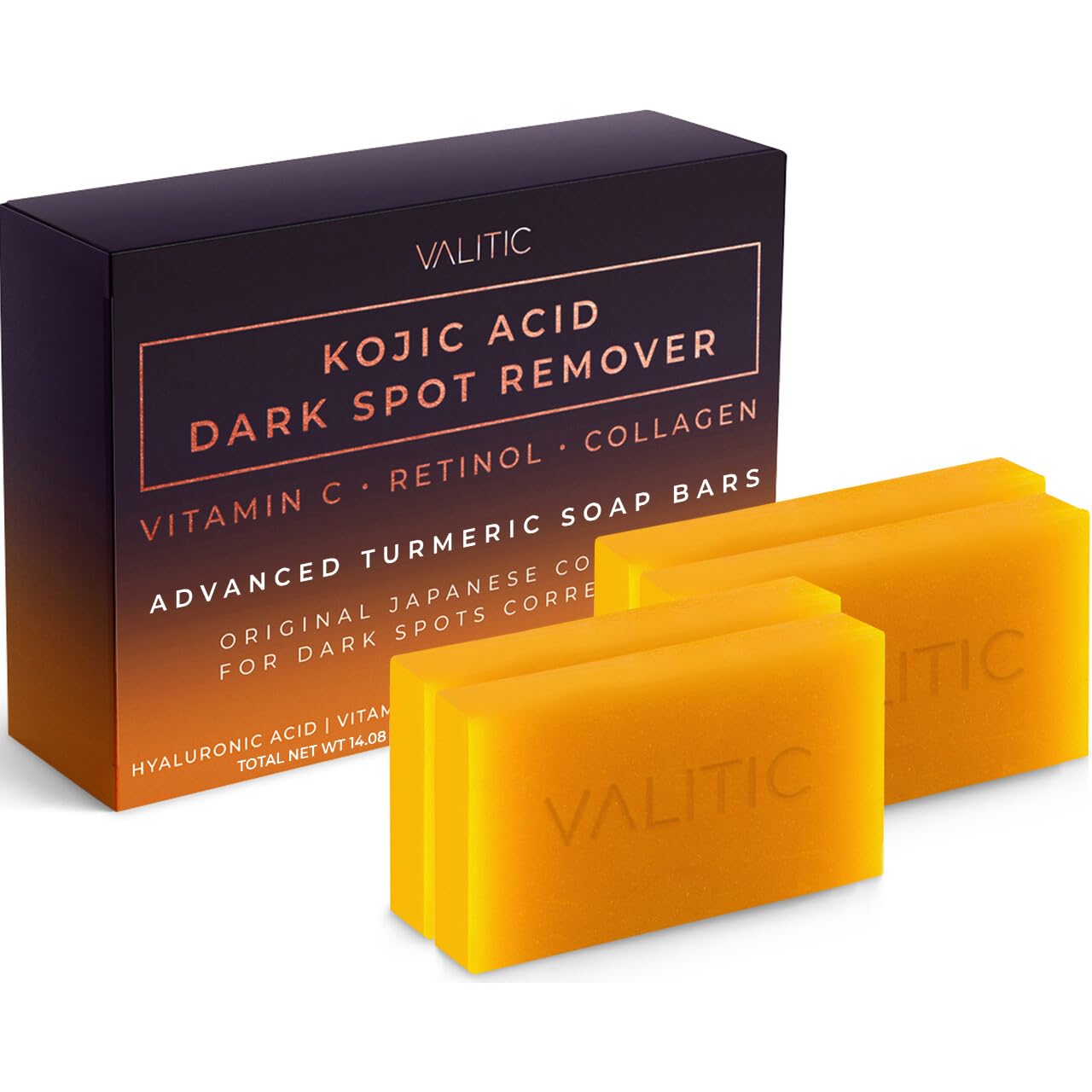 VALITIC Kojic Acid Dark Spot Remover Soap Bars with Vitamin C, Retinol, Collagen, Turmeric - Original Japanese Complex Infused with Hyaluronic Acid, Vitamin E, Shea Butter, Castile Olive Oil (2 Pack)