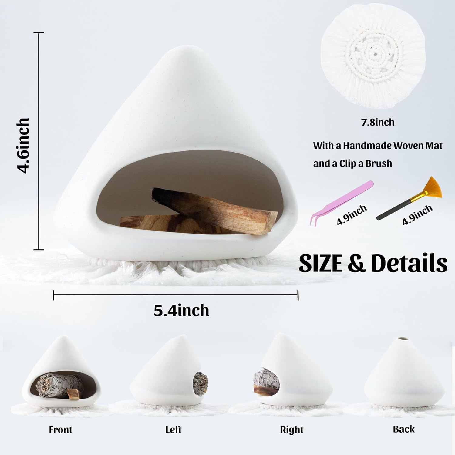Ceramic Palo Santo Holder Burner,Incense Cone Holder,Mini Chiminea for Palo Santo Sticks and Sage Burner,with Handmade Heat Insulated Mat,Dust Brush,Metal Tweezer. (White)