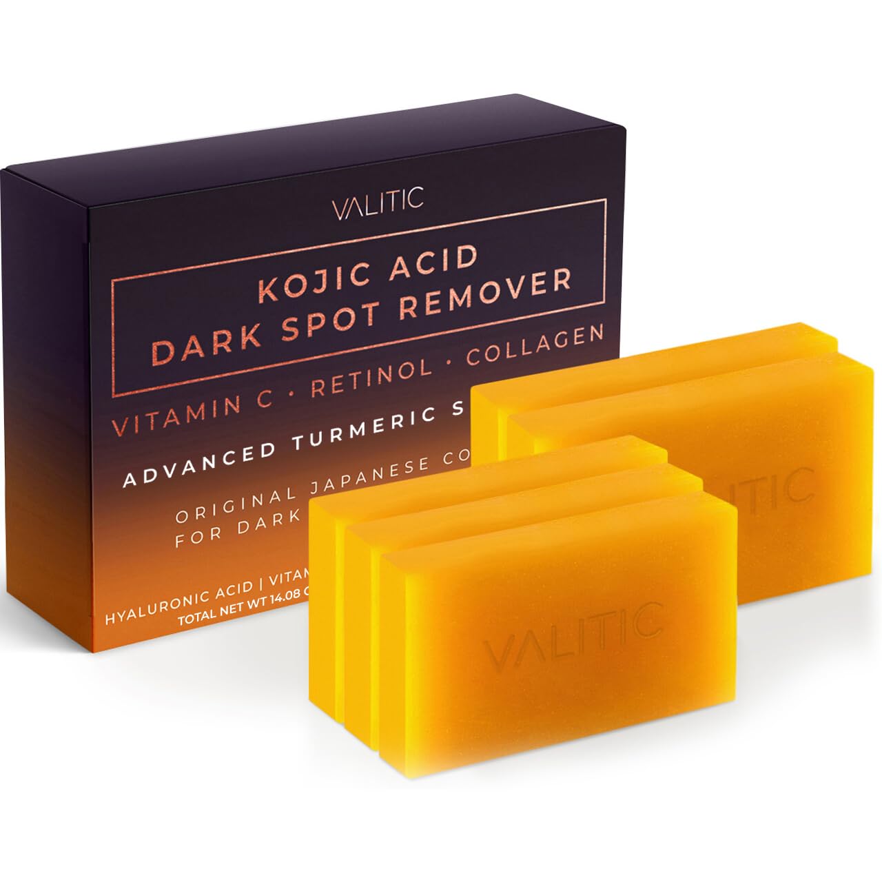 VALITIC Kojic Acid Dark Spot Remover Soap Bars with Vitamin C, Retinol, Collagen, Turmeric - Original Japanese Complex Infused with Hyaluronic Acid, Vitamin E, Shea Butter, Castile Olive Oil (2 Pack)