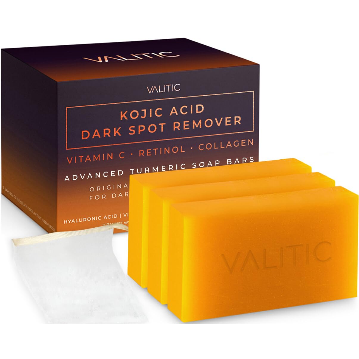 VALITIC Kojic Acid Dark Spot Remover Soap Bars with Vitamin C, Retinol, Collagen, Turmeric - Original Japanese Complex Infused with Hyaluronic Acid, Vitamin E, Shea Butter, Castile Olive Oil (2 Pack)