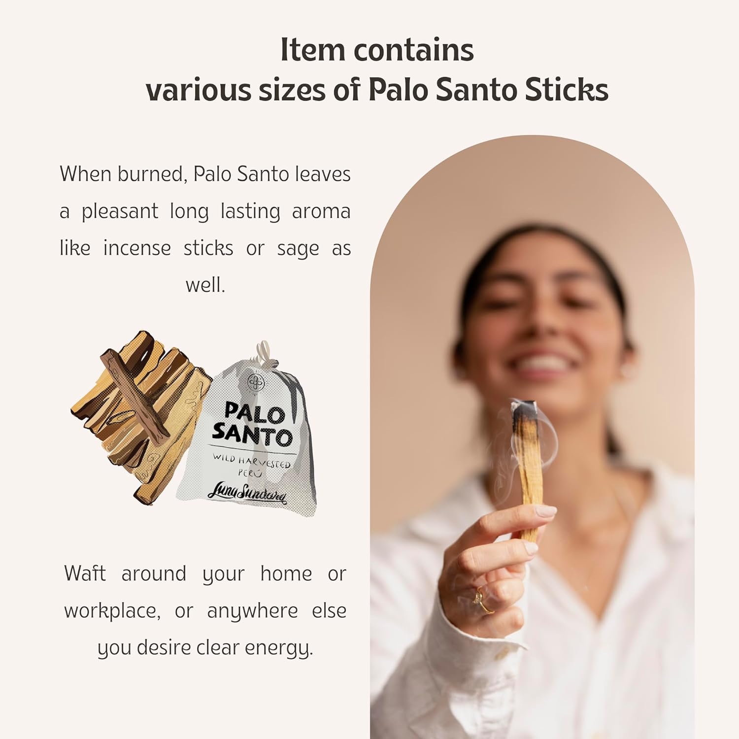 Luna Sundara Palo Santo Sticks from Peru Sustainably Wild Harvested Quality Hand Picked 100 Grams Authentic Smudge Sticks Includes a Reusable Drawstring Bag.