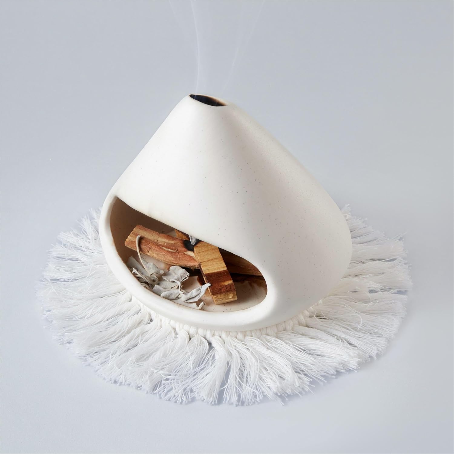 Ceramic Palo Santo Holder Burner,Incense Cone Holder,Mini Chiminea for Palo Santo Sticks and Sage Burner,with Handmade Heat Insulated Mat,Dust Brush,Metal Tweezer. (White)