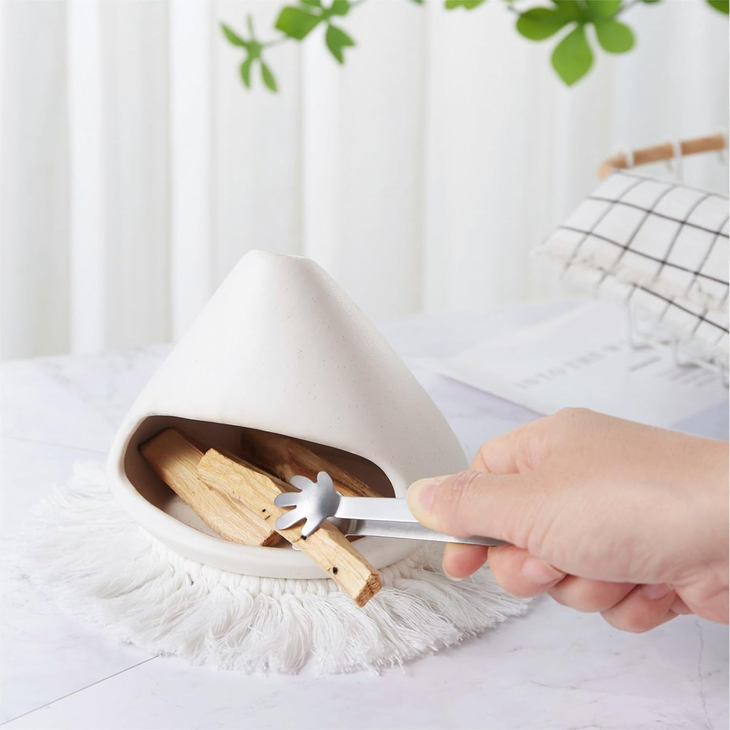 Ceramic Palo Santo Holder Burner,Incense Cone Holder,Mini Chiminea for Palo Santo Sticks and Sage Burner,with Handmade Heat Insulated Mat,Dust Brush,Metal Tweezer. (White)