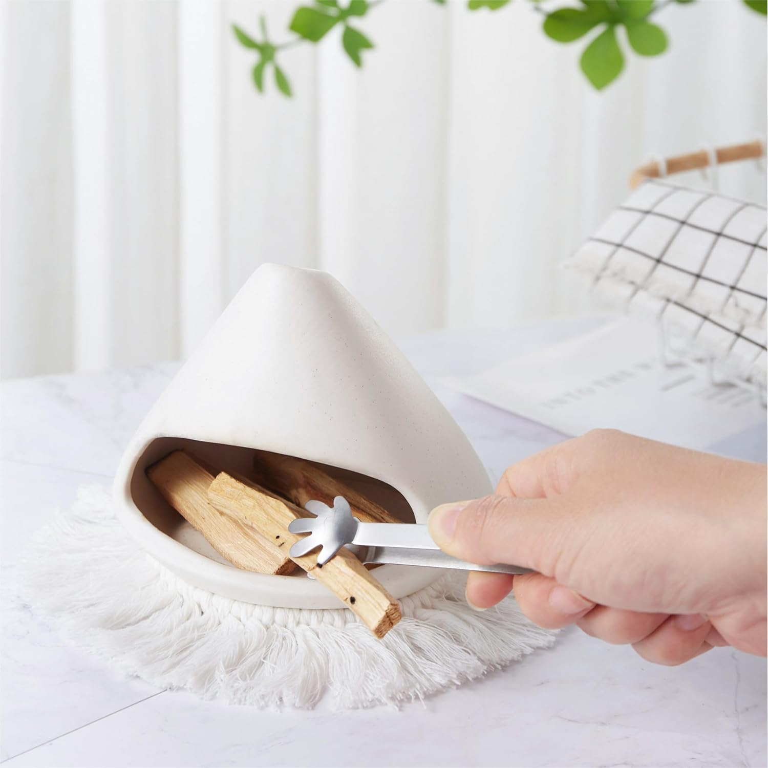 Ceramic Palo Santo Holder Burner,Incense Cone Holder,Mini Chiminea for Palo Santo Sticks and Sage Burner,with Handmade Heat Insulated Mat,Dust Brush,Metal Tweezer. (White)