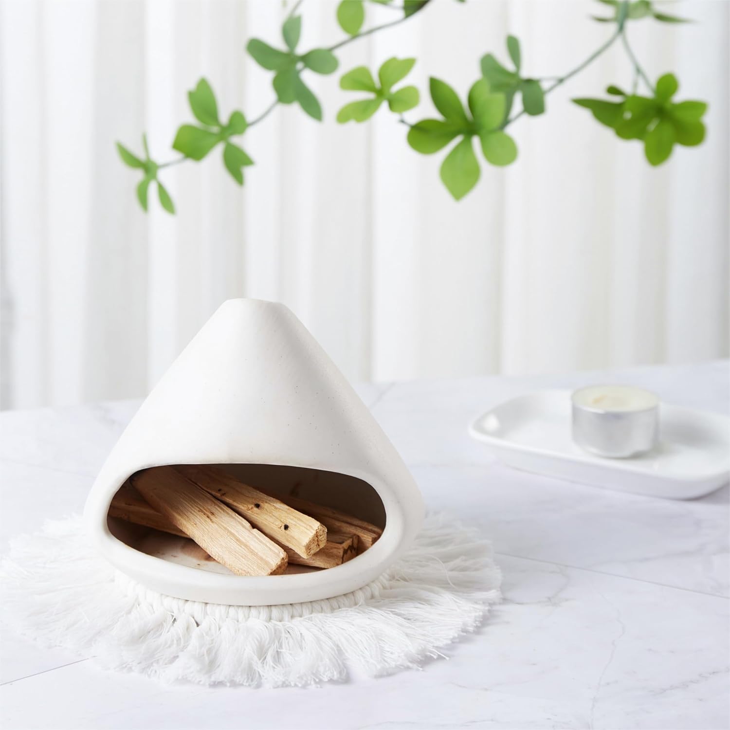 Ceramic Palo Santo Holder Burner,Incense Cone Holder,Mini Chiminea for Palo Santo Sticks and Sage Burner,with Handmade Heat Insulated Mat,Dust Brush,Metal Tweezer. (White)