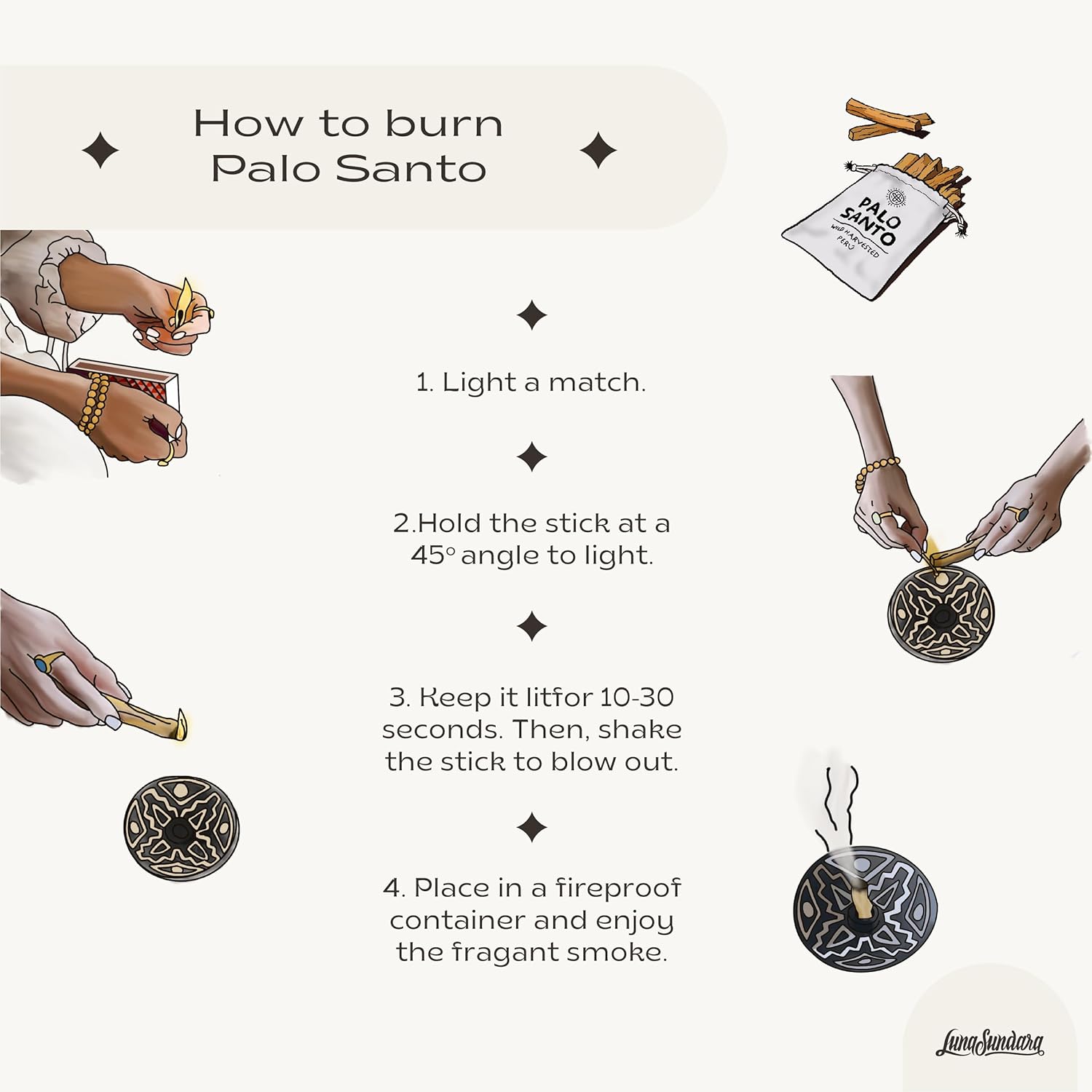 Luna Sundara Palo Santo Sticks from Peru Sustainably Wild Harvested Quality Hand Picked 100 Grams Authentic Smudge Sticks Includes a Reusable Drawstring Bag.