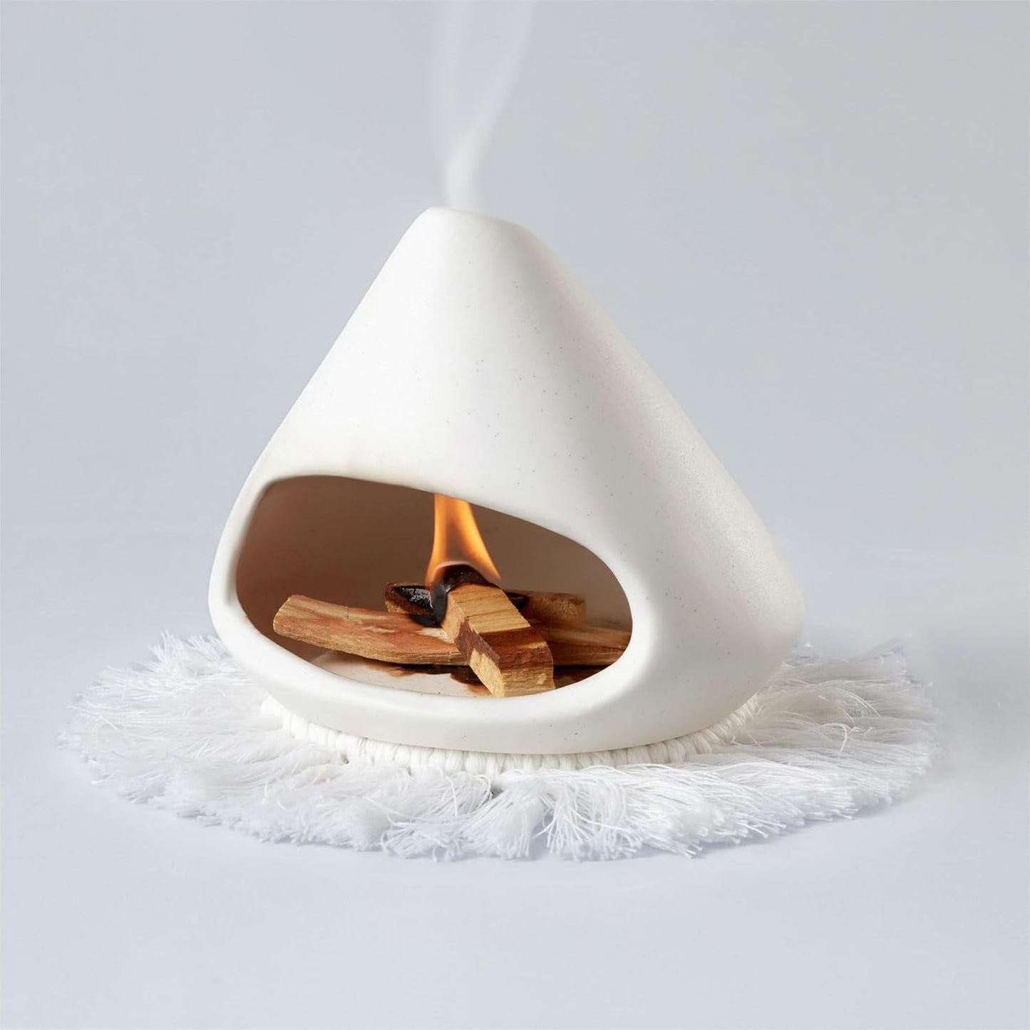 Ceramic Palo Santo Holder Burner,Incense Cone Holder,Mini Chiminea for Palo Santo Sticks and Sage Burner,with Handmade Heat Insulated Mat,Dust Brush,Metal Tweezer. (White)