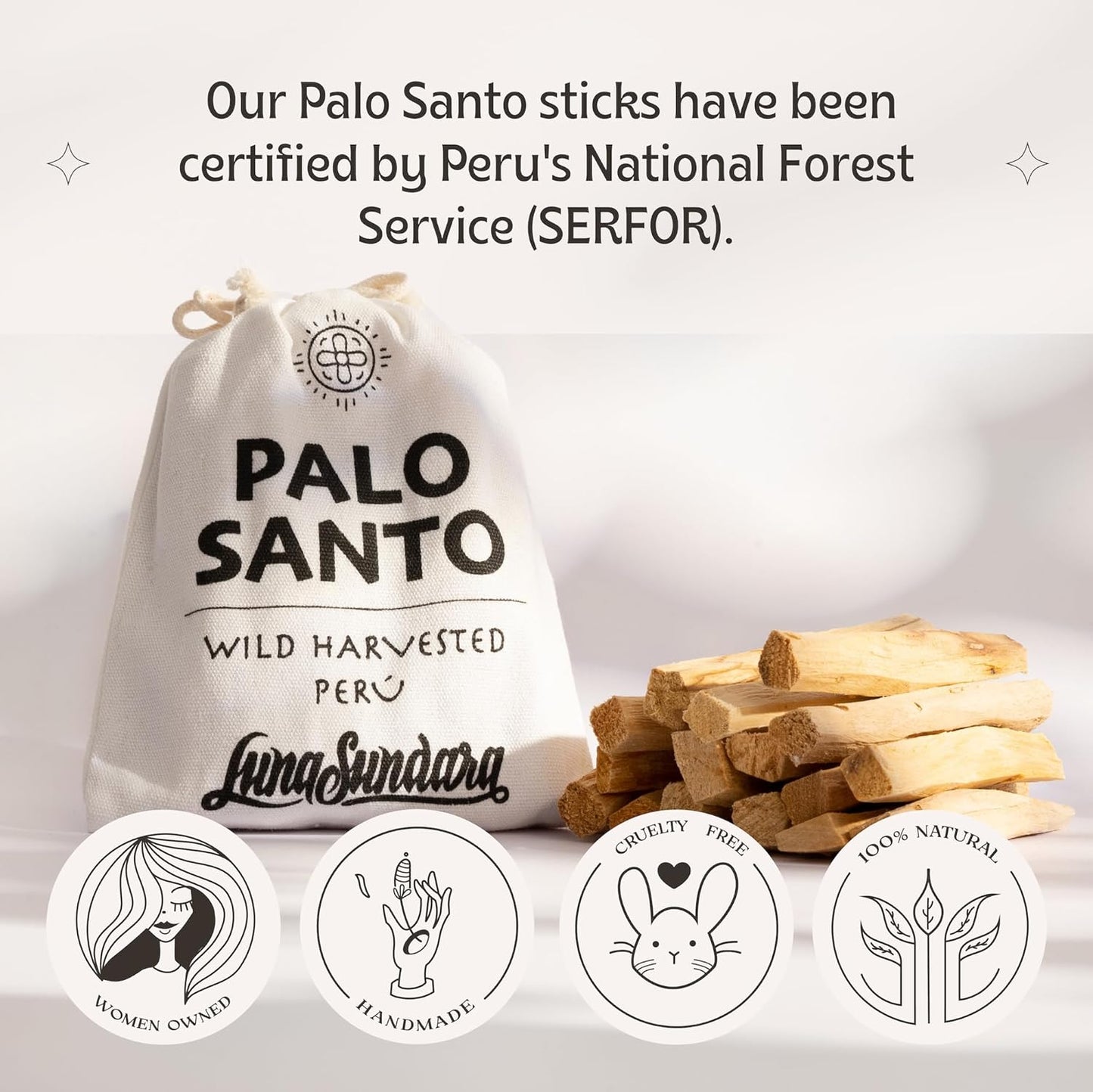 Luna Sundara Palo Santo Sticks from Peru Sustainably Wild Harvested Quality Hand Picked 100 Grams Authentic Smudge Sticks Includes a Reusable Drawstring Bag.