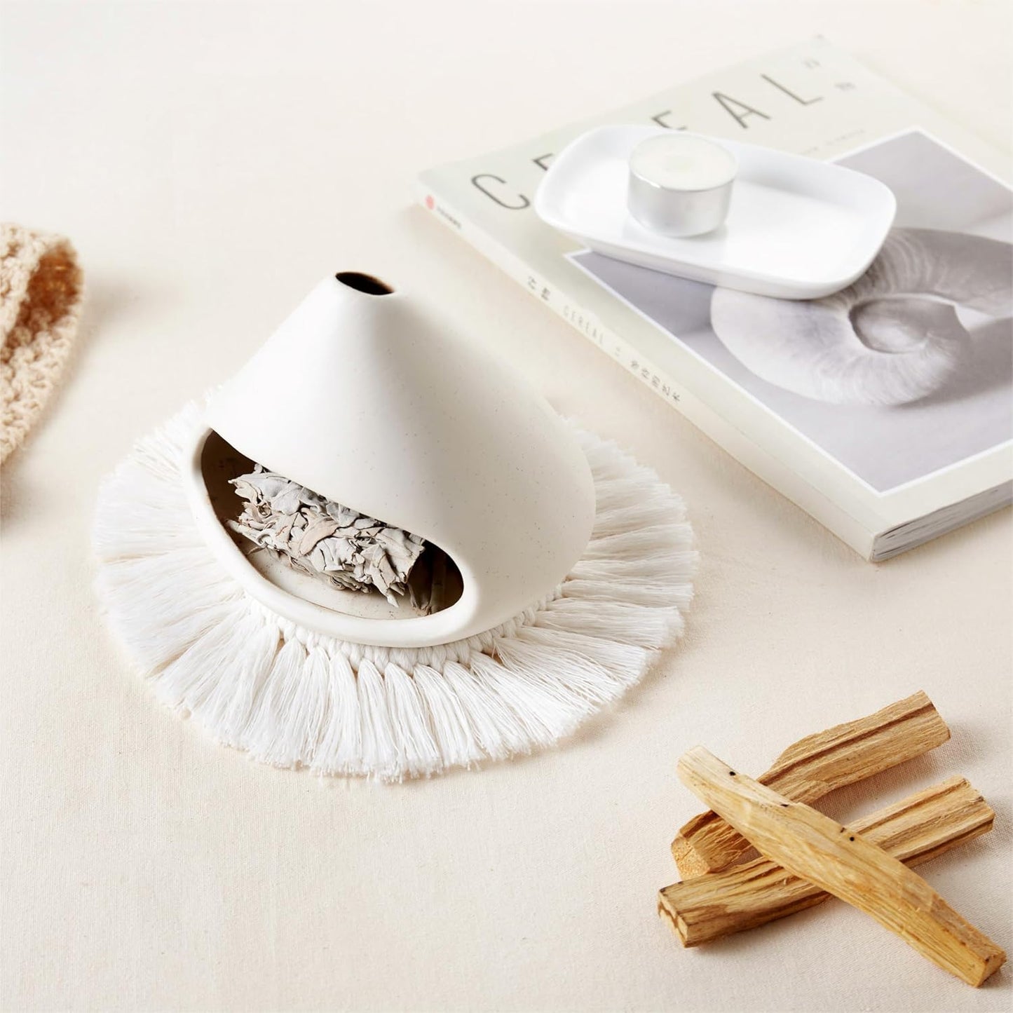 Ceramic Palo Santo Holder Burner,Incense Cone Holder,Mini Chiminea for Palo Santo Sticks and Sage Burner,with Handmade Heat Insulated Mat,Dust Brush,Metal Tweezer. (White)