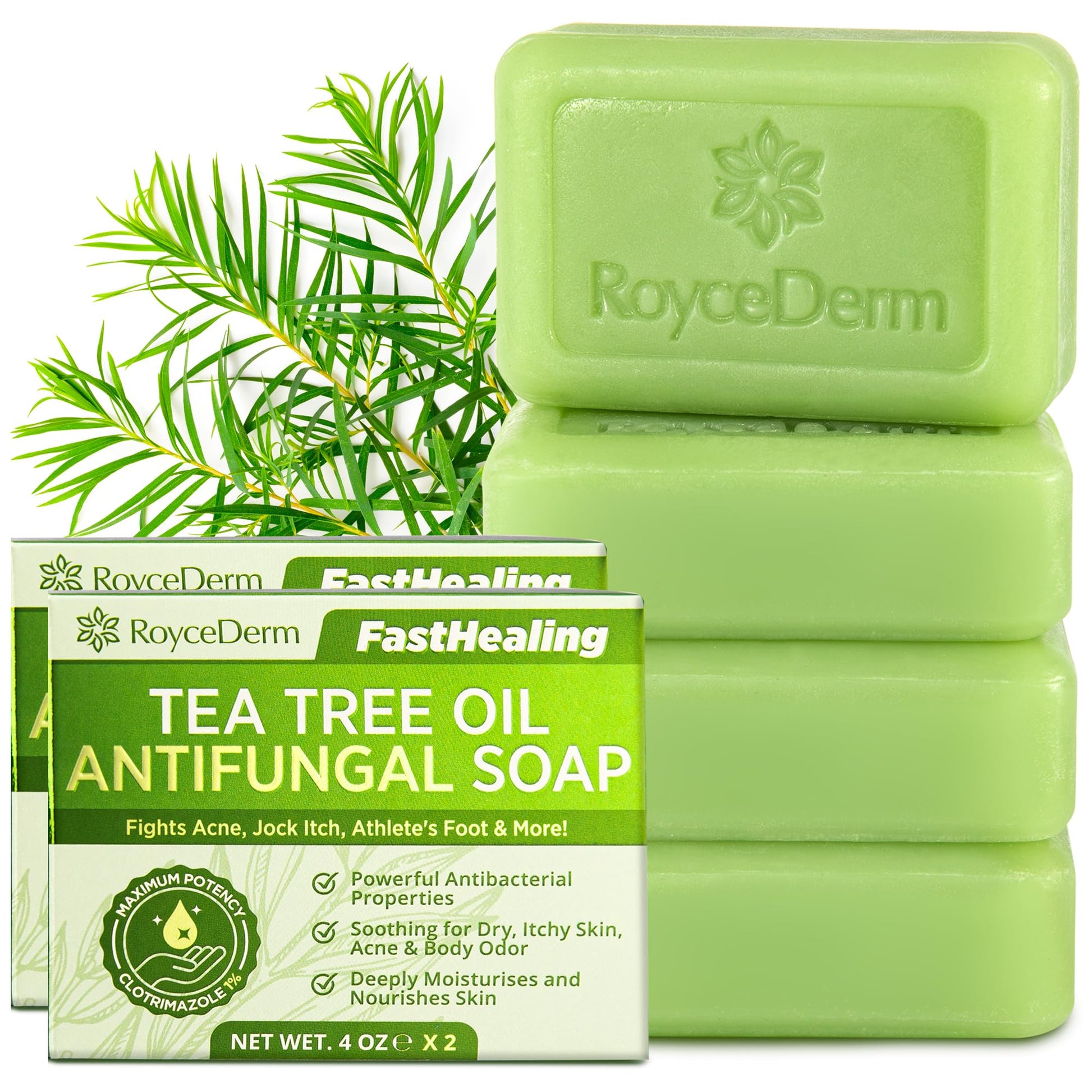 Roycederm Antifungal Antibacterial Tea Tree Soap: Antifungal Antibacterial Treatment for Face & Body Acne, Athlete's Foot, Tinea, Folliculitis Ringworm Jock Itch (Pack of 1)